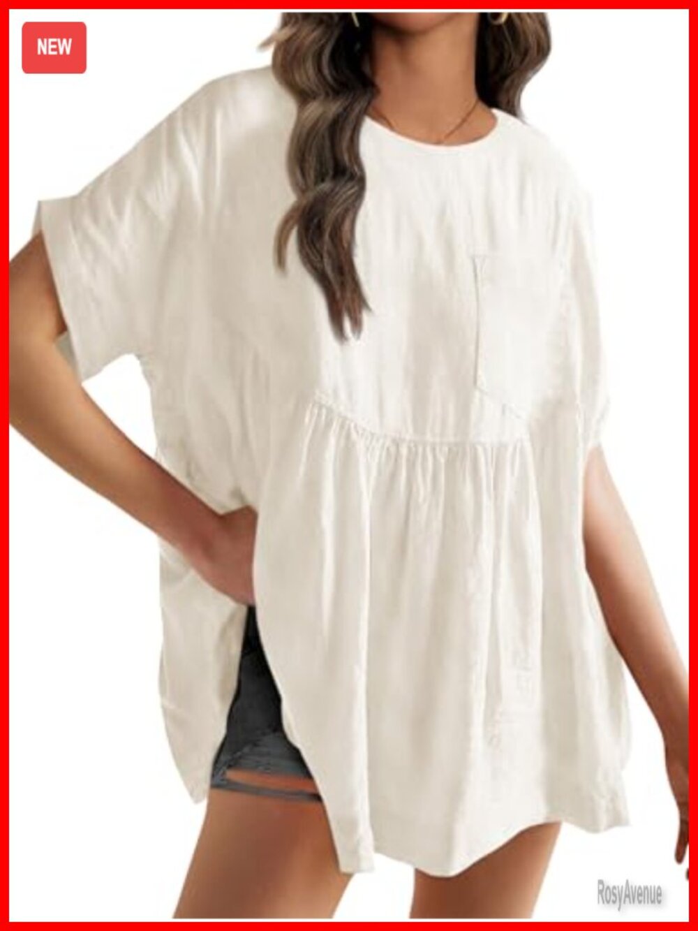 Womens Babydoll Peplum Tunic Top Linen-Blend Short Sleeve Loose Fit